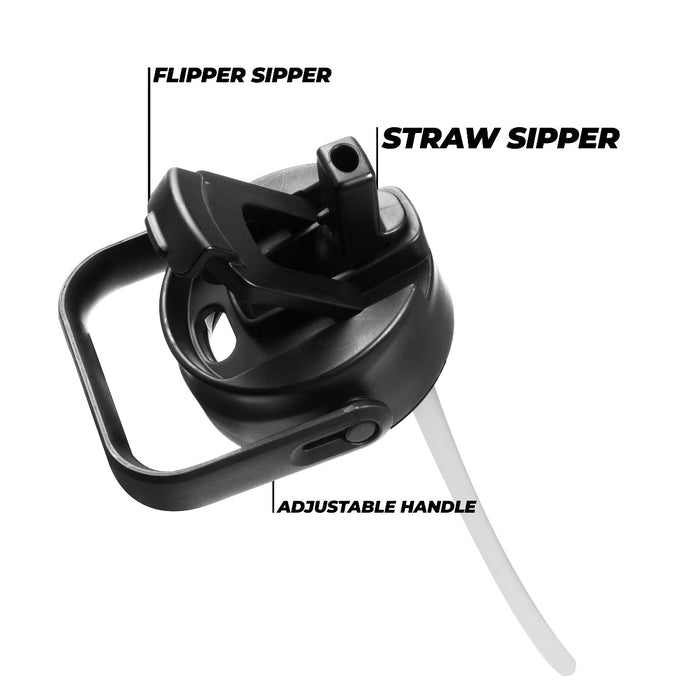 Black water bottle lid with flipper sipper, straw sipper, and adjustable handle labeled on a white background.