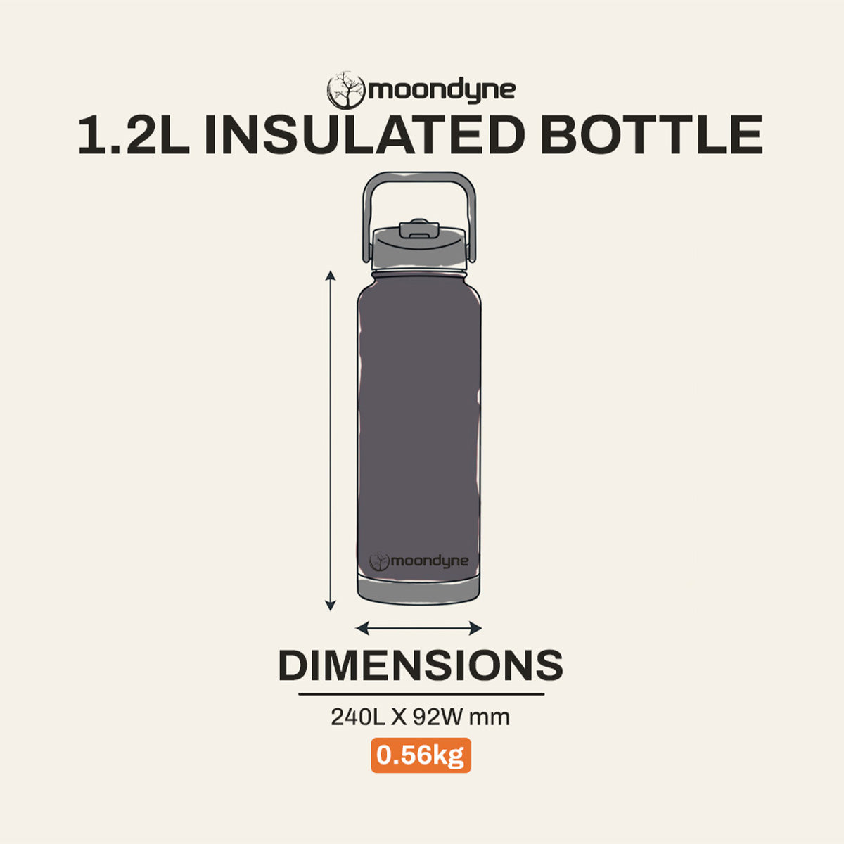 Insulated Bottle – 1200ml – Stainless Steel - Black dimensions
