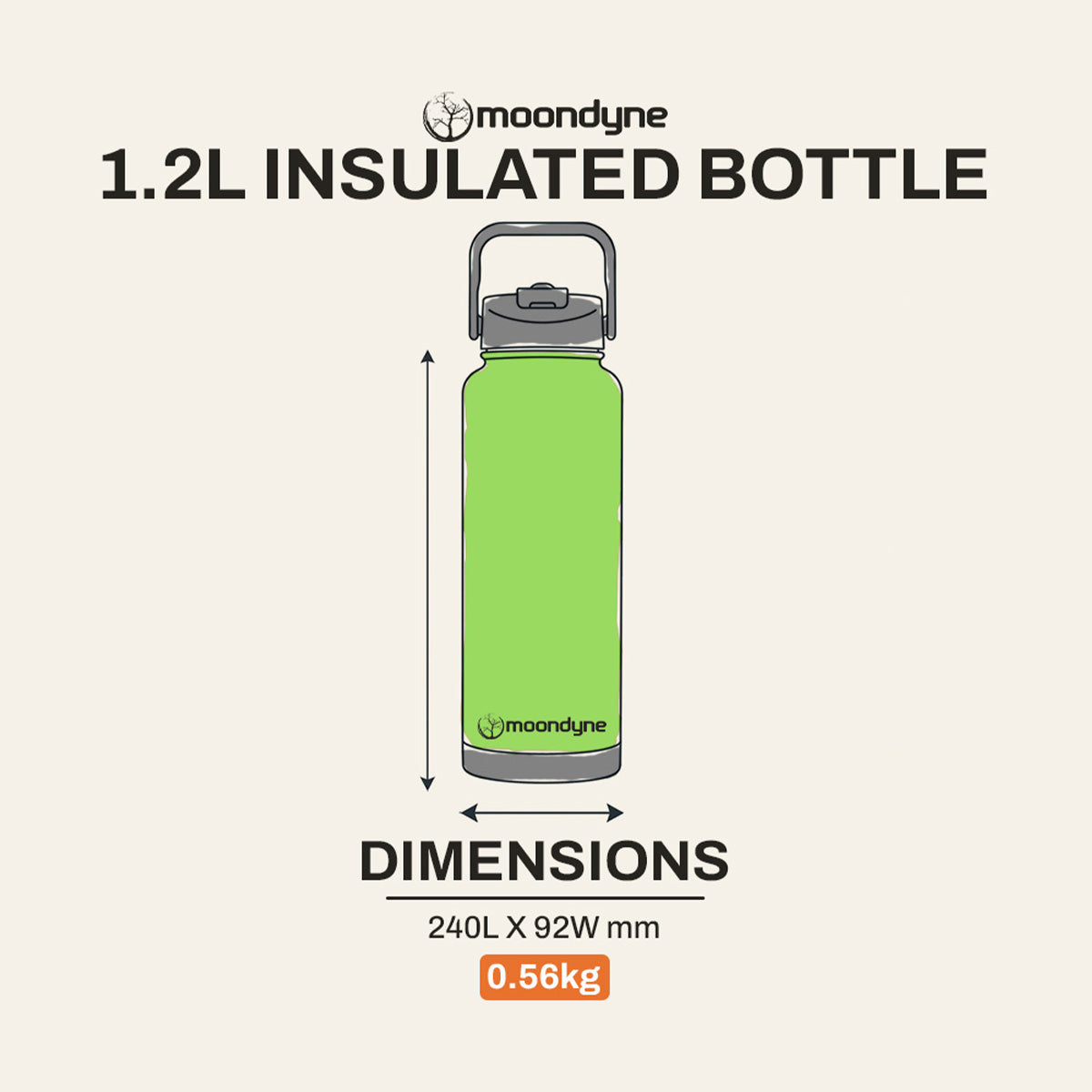 Insulated Bottle – 1200ml – Stainless Steel - Fluoro Green dimensions
