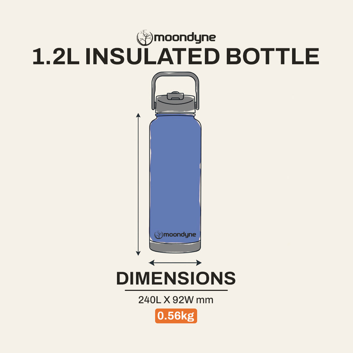 Insulated Bottle – 1200ml – Stainless Steel - Navy Blue dimensions