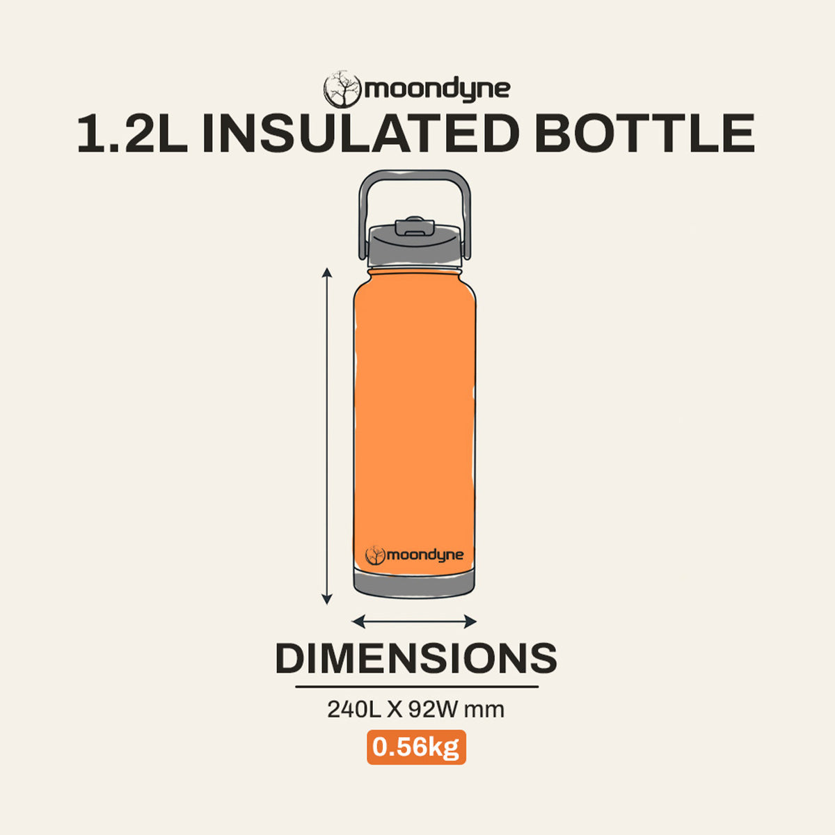 Insulated Bottle – 1200ml – Stainless Steel - Orange dimensions