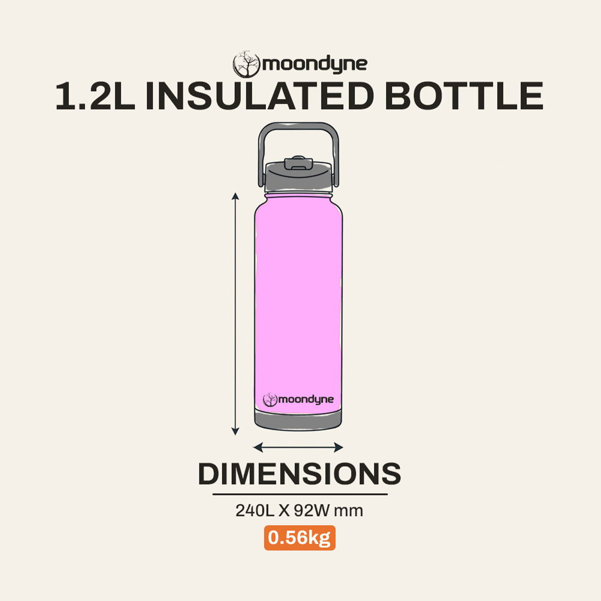 Insulated Bottle – 1200ml – Stainless Steel - Pink dimensions