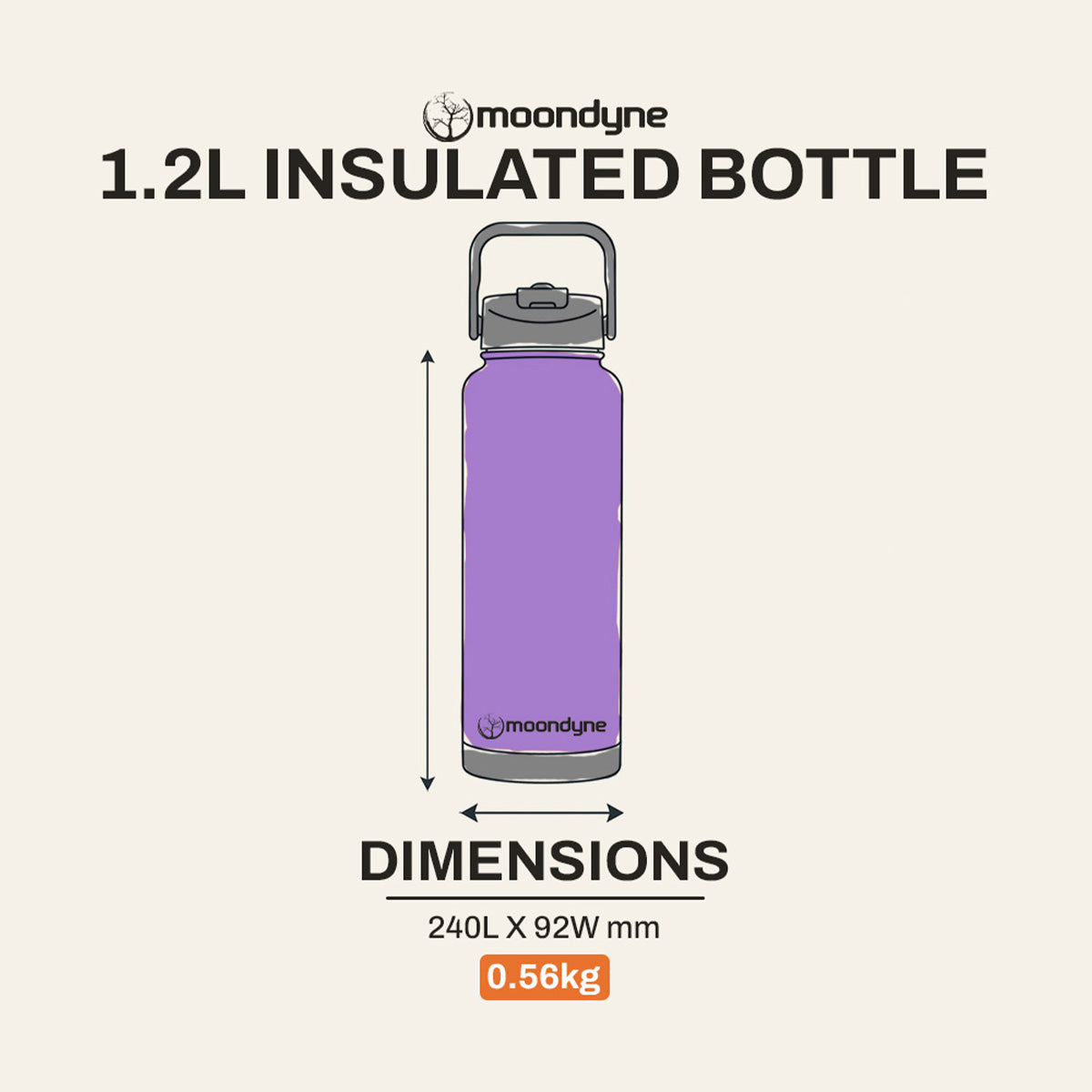 Insulated Bottle – 1200ml – Stainless Steel - Purple dimensions