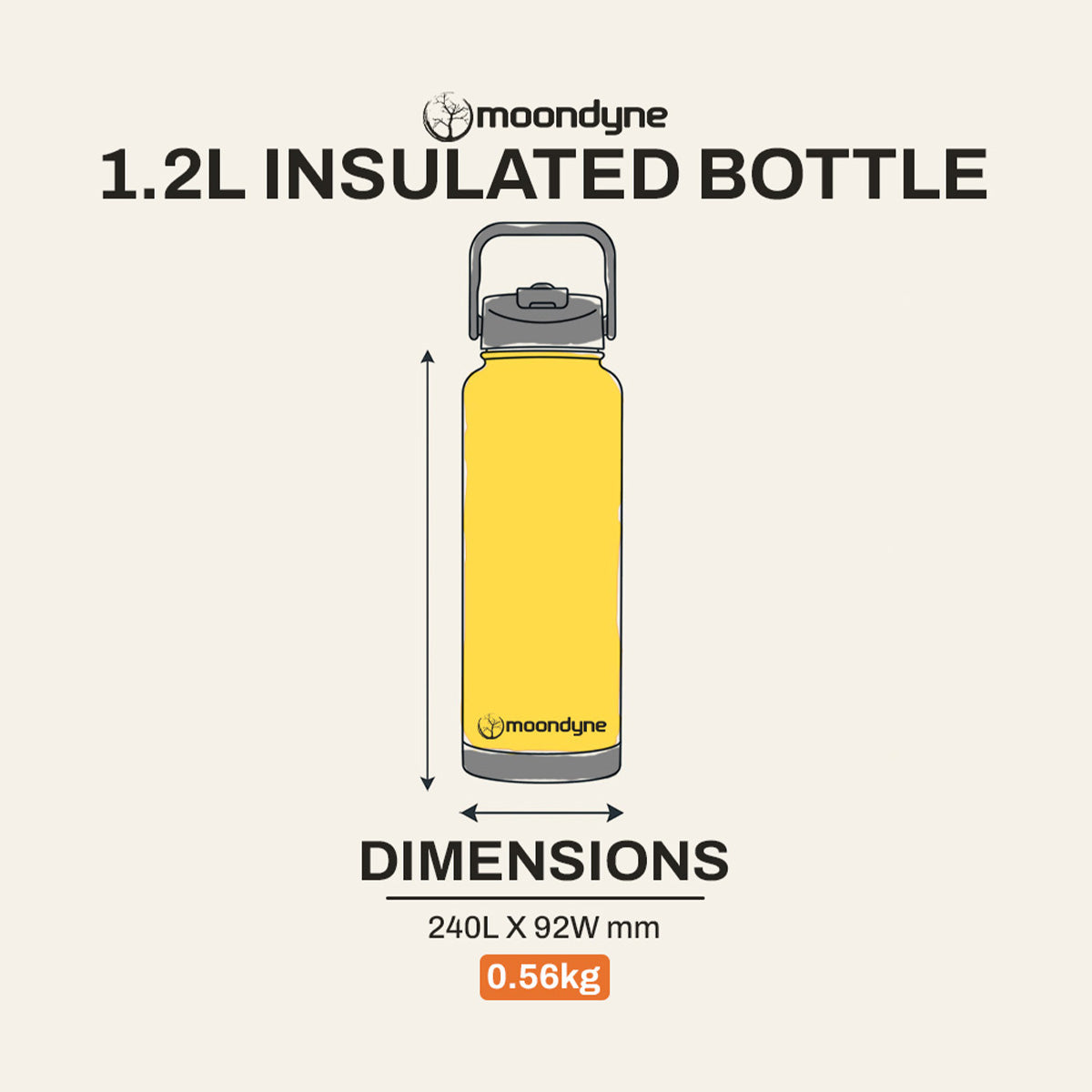 Insulated Bottle – 1200ml – Stainless Steel - Yellow dimensions