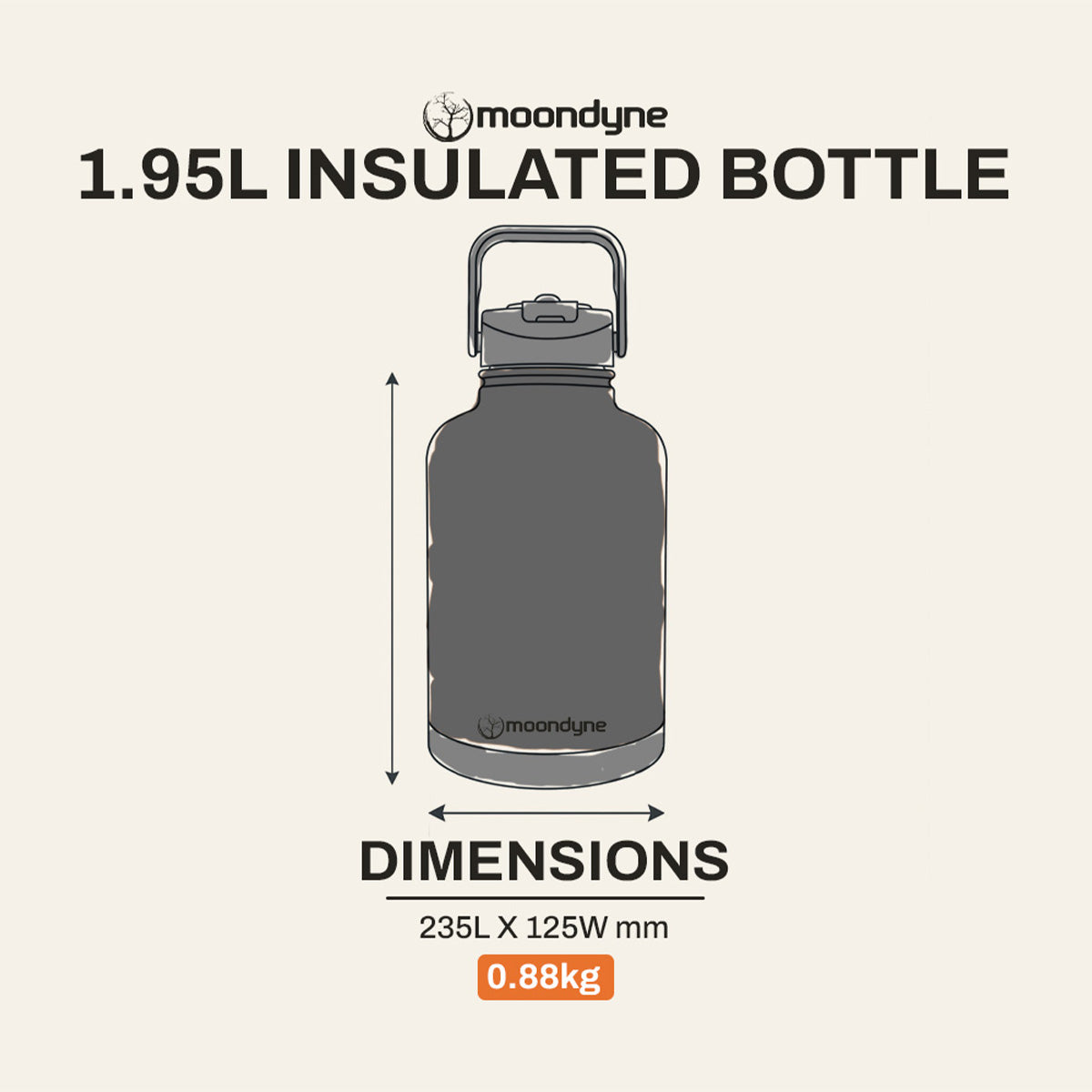 Insulated Bottle – 1950ml – Stainless Steel - Black dimensions