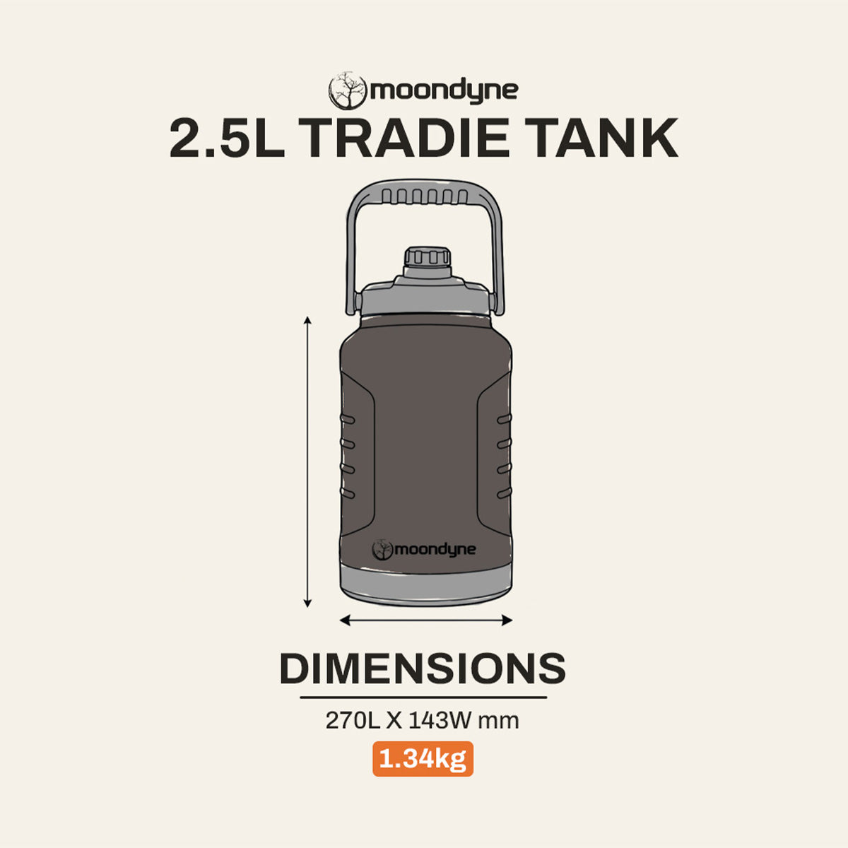 Insulated Tradie Tank – 2.5L – Stainless Steel - Black dimensions