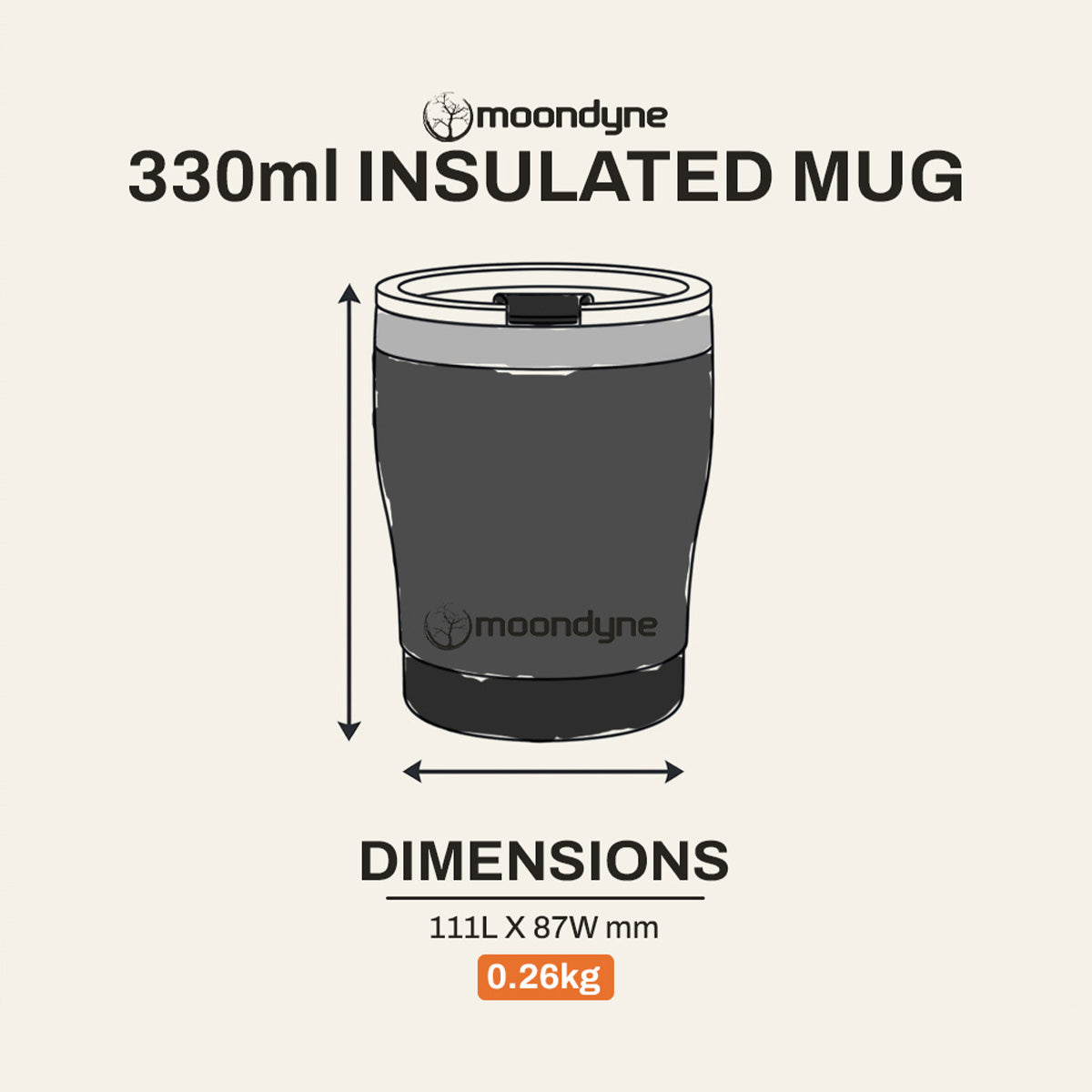 Insulated Coffee Mug – 300ml – Stainless Steel - Black dimensions