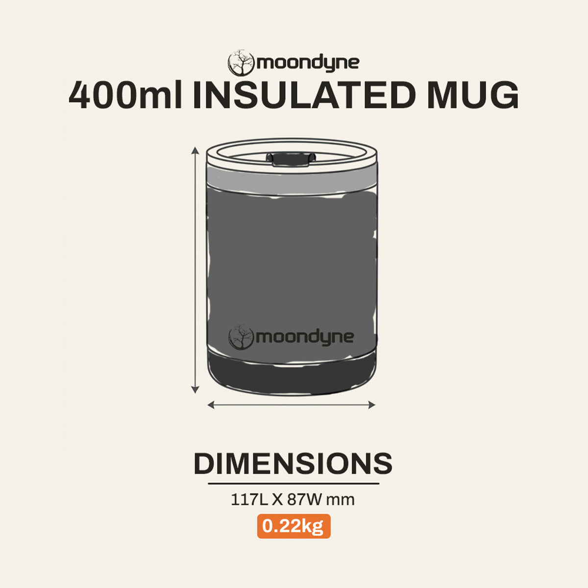 Insulated Coffee Mug – 400ml – Stainless Steel - Black dimensions