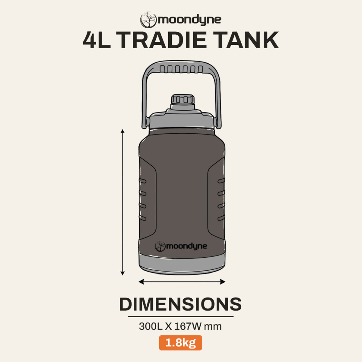 Insulated Tradie Tank – 4L – Stainless Steel - Black dimensions
