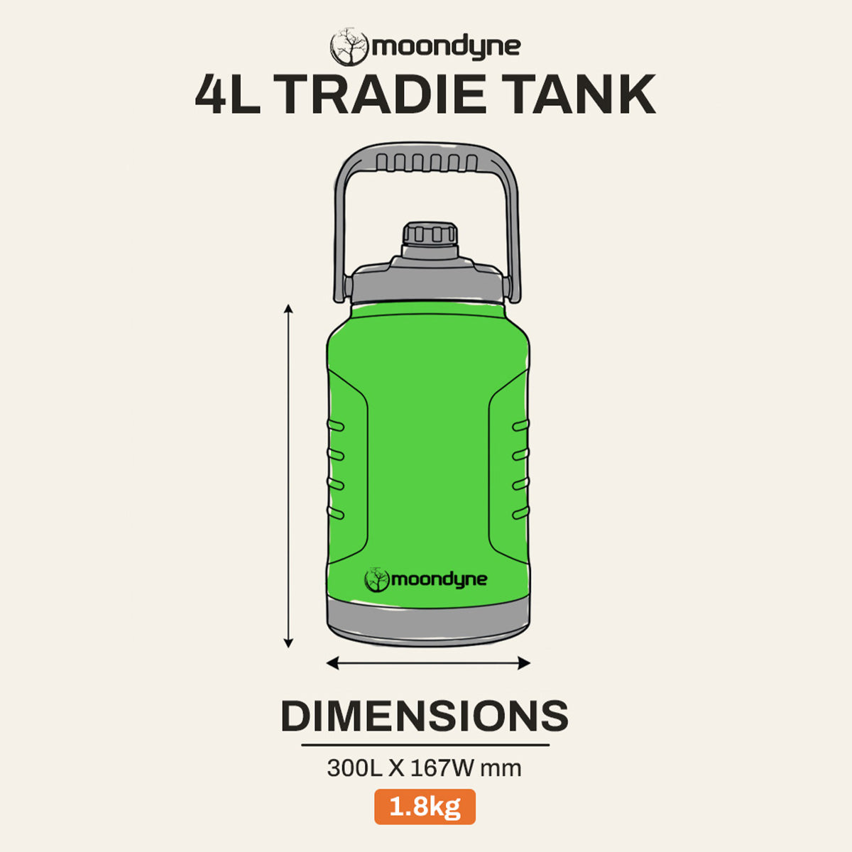 Tradie Tank Insulated Water Bottle – 4L – Stainless Steel - Fluoro Green dimensions