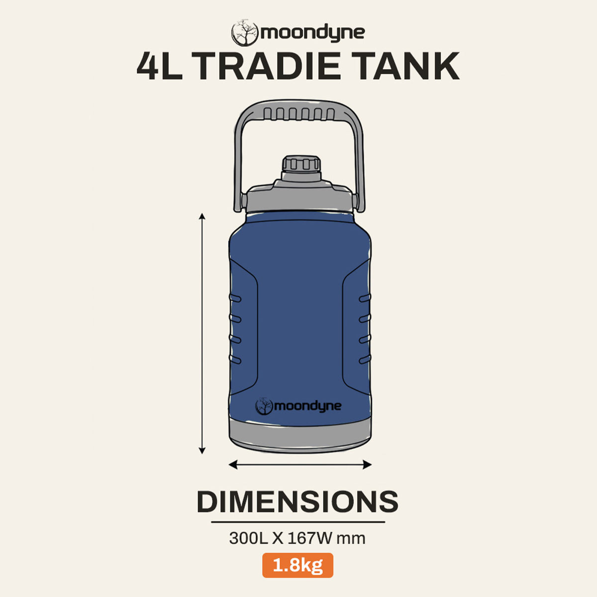 Tradie Tank Insulated Water Bottle – 4L – Stainless Steel - Navy Blue dimensions