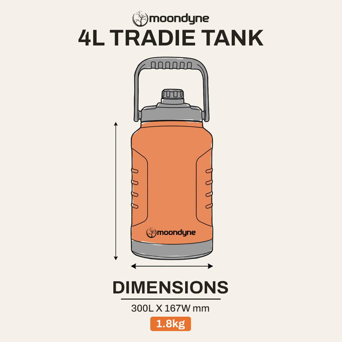 Tradie Tank Insulated Water Bottle – 4L – Stainless Steel - Orange dimensions