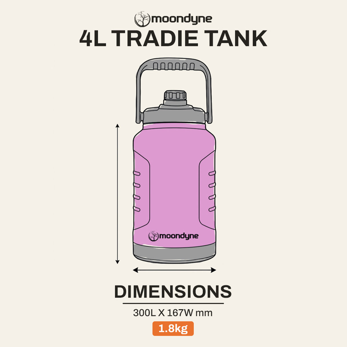 Tradie Tank Insulated Water Bottle – 4L – Stainless Steel - Pink dimensions