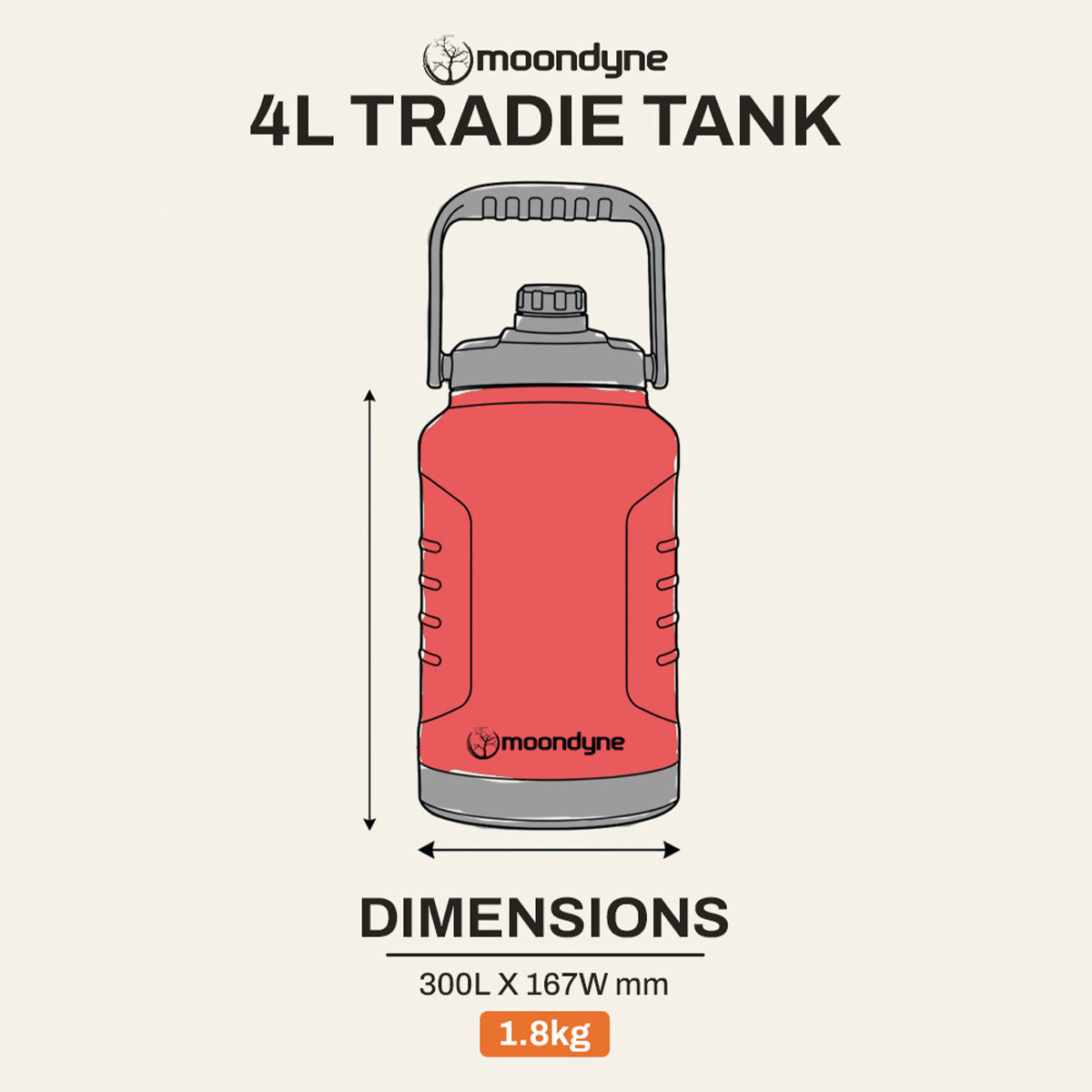 Tradie Tank Insulated Water Bottle – 4L – Stainless Steel - Red dimensions