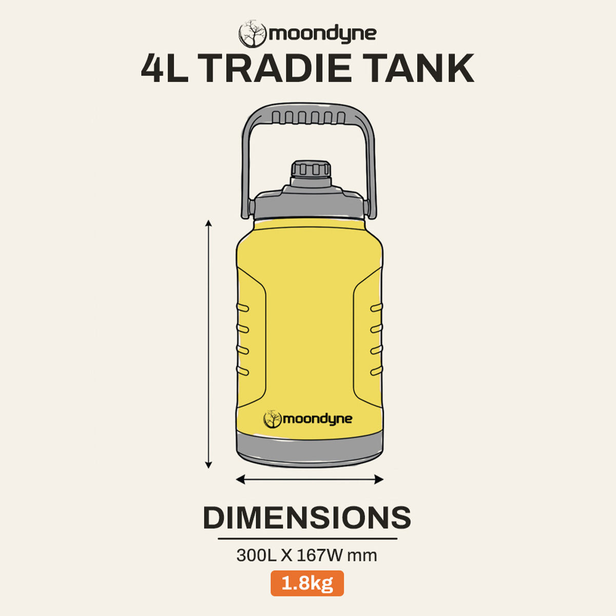 Tradie Tank Insulated Water Bottle – 4L – Stainless Steel - Yellow dimensions
