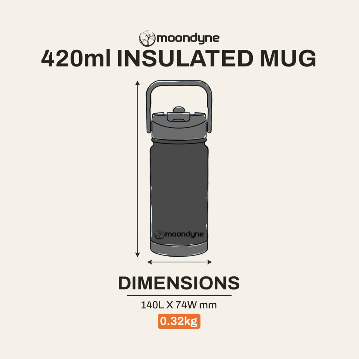 Insulated Mug – 420ml – Stainless Steel - Orange dimensions