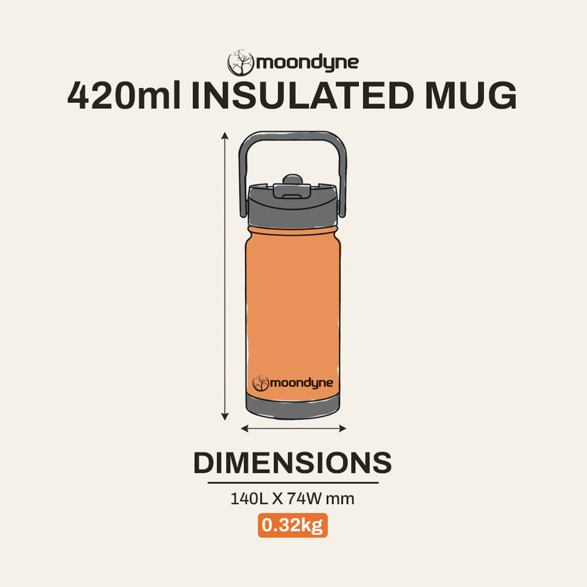 Insulated Mug – 420ml – Stainless Steel - Orange dimensions