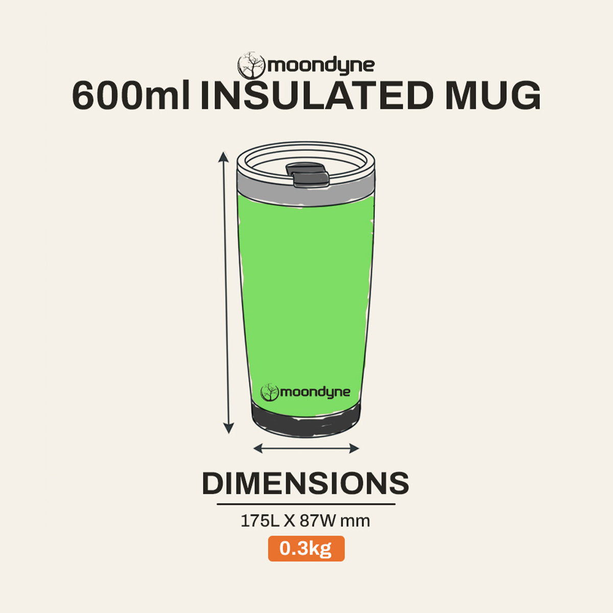 Insulated Coffee Mug – 600ml – Stainless Steel - Fluoro Green dimensions