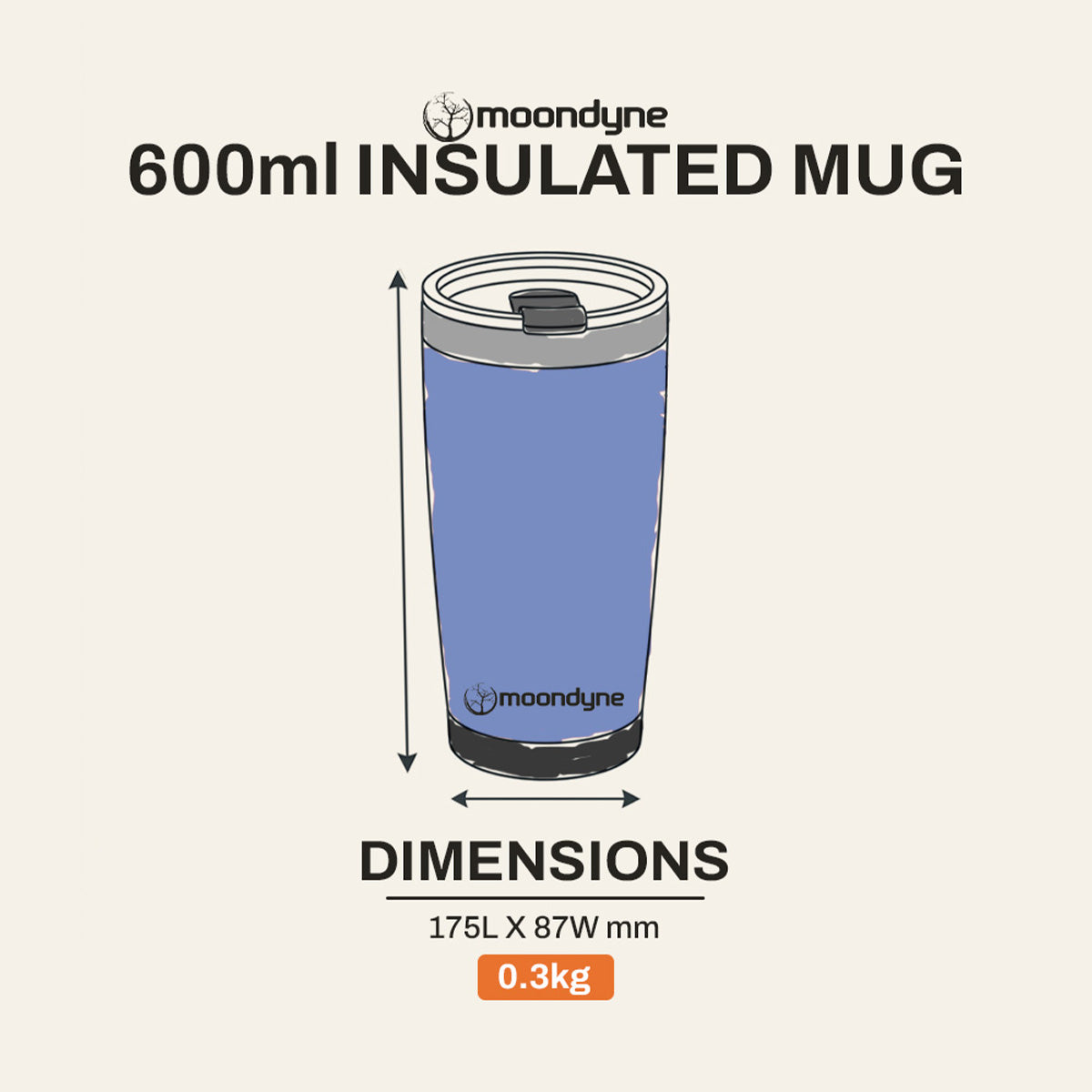 Insulated Coffee Mug – 600ml – Stainless Steel - Navy Blue dimensions