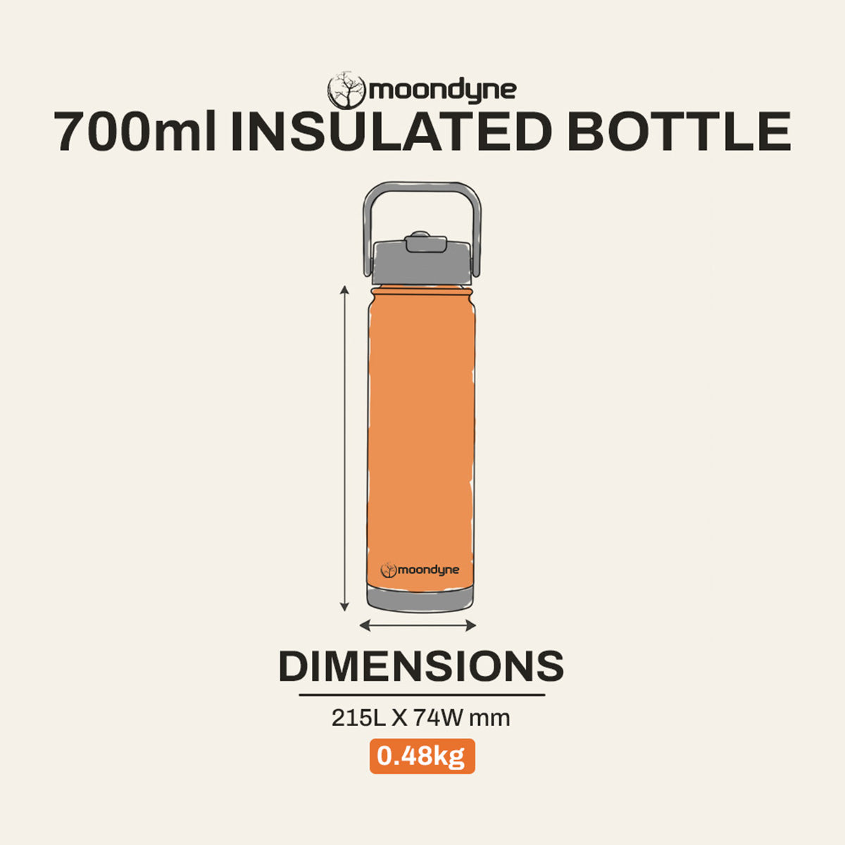 Insulated Bottle – 700ml – Stainless Steel - Orange dimensions