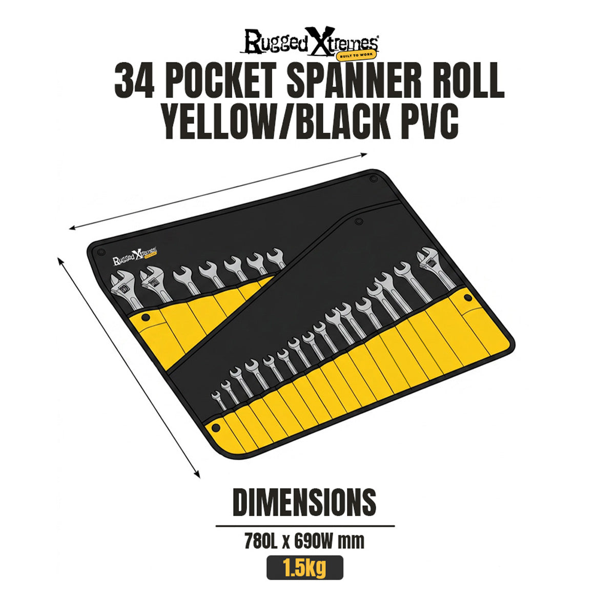 Spanner Roll - PVC - 34 Pocket - Black dimensions