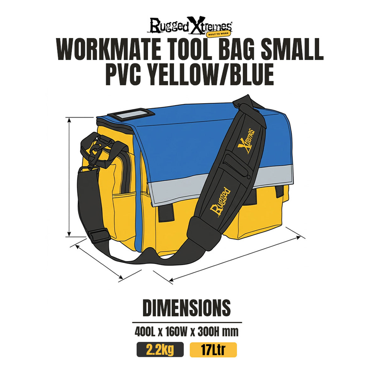 The Workmate Tool Bag – 17L – PVC – Yellow/Blue dimensions
