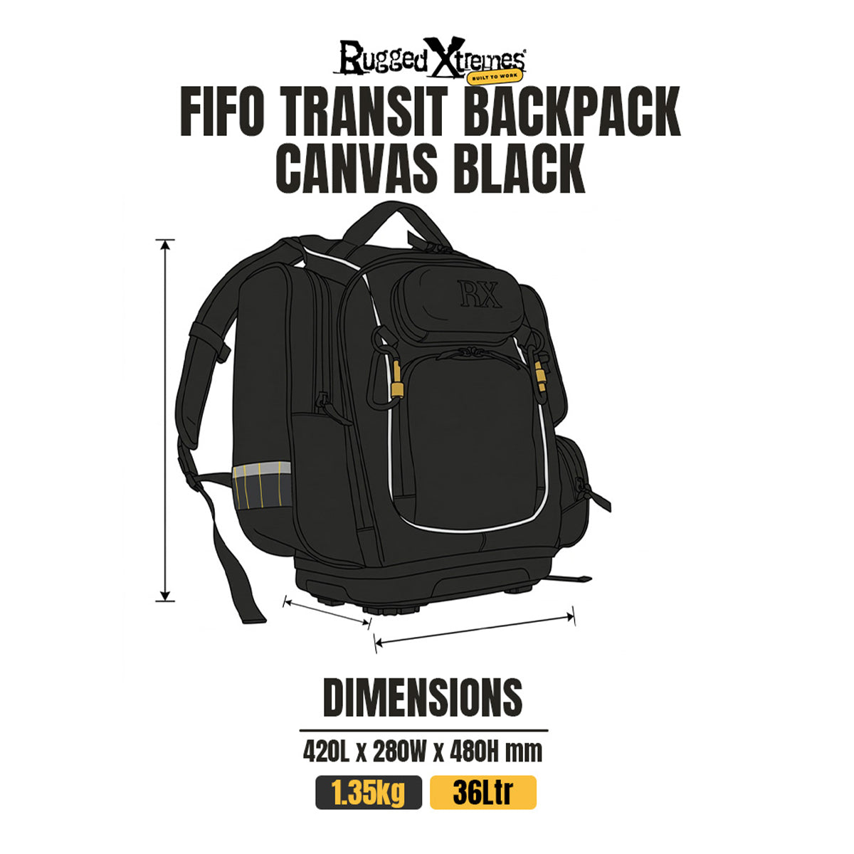 FIFO Transit Backpack - 30L - Canvas - Black dimensions