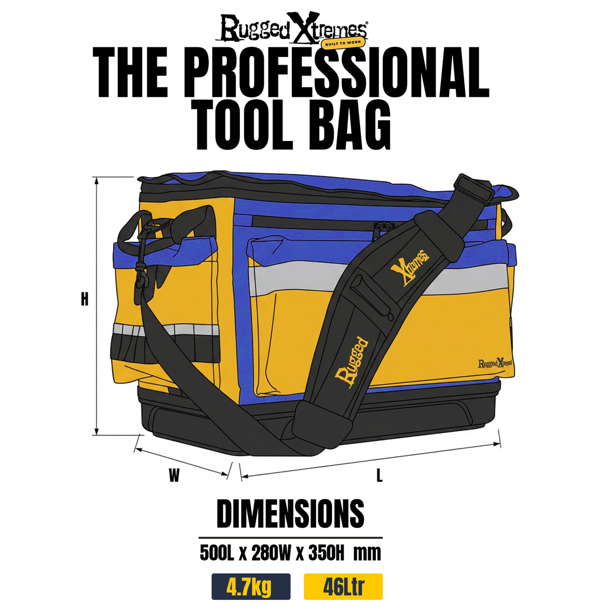 The Professional tool bag - 46L - PVC - Yellow/Blue dimensions