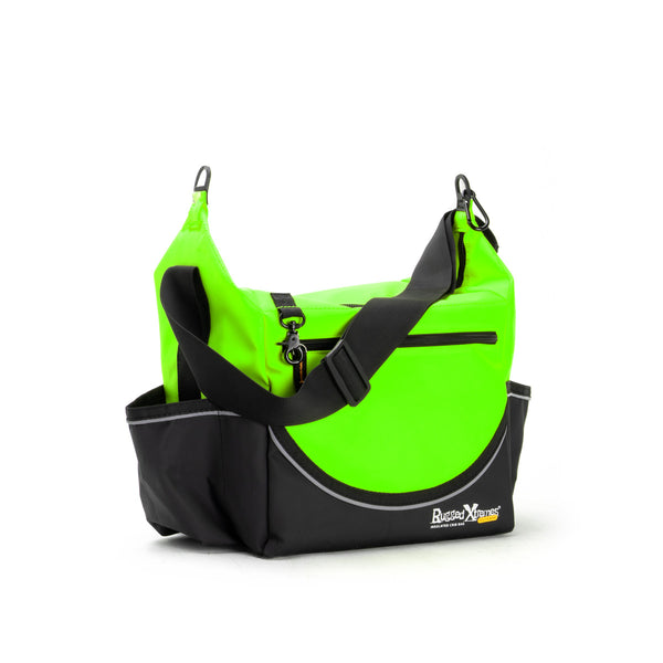Green and black bag with a visible brand logo on a white background