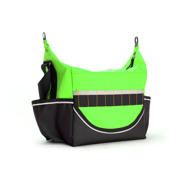 Green and black bag with reflective strip on a white background