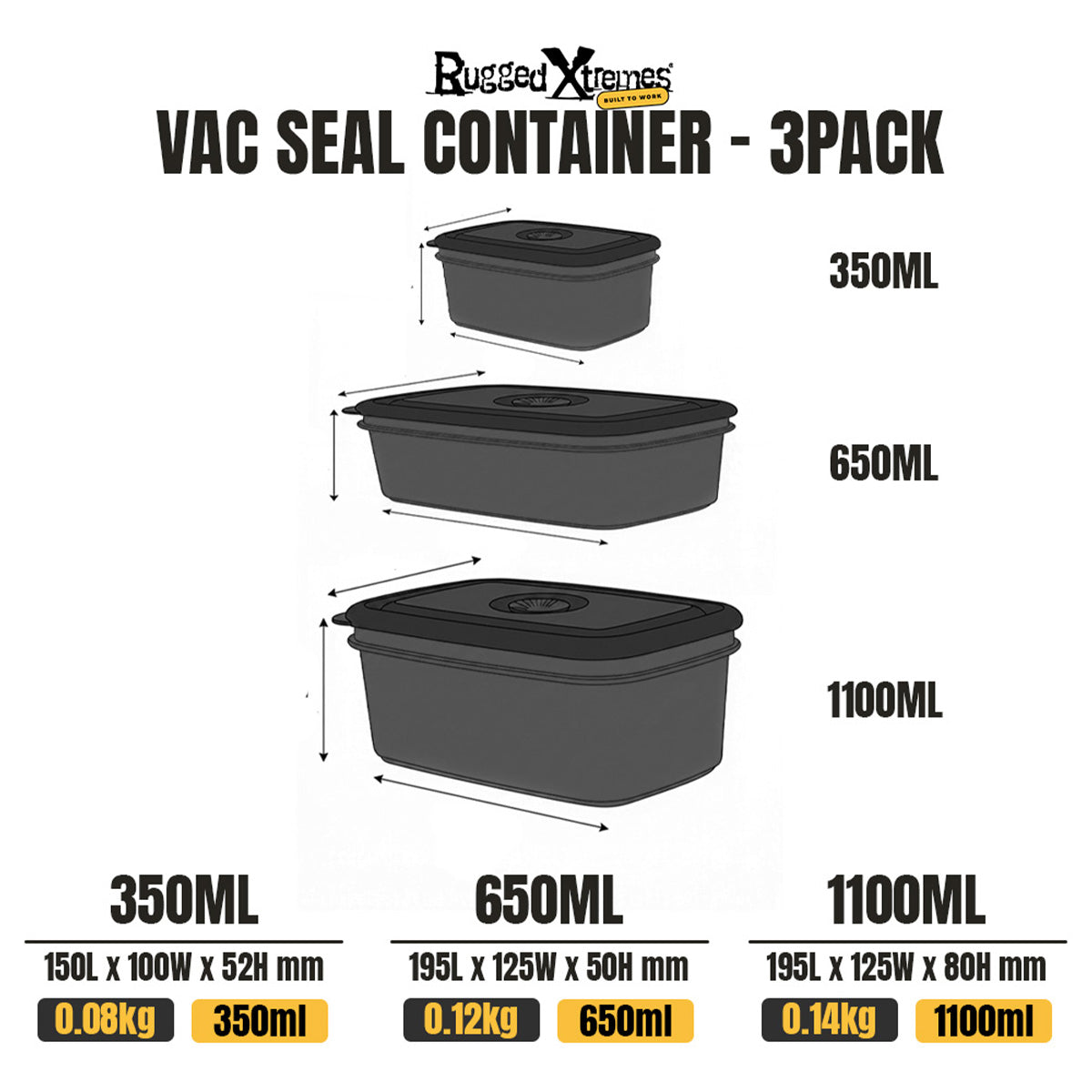 Crib Containers - Vacuum Seal - Assorted 3pck - Black dimensions