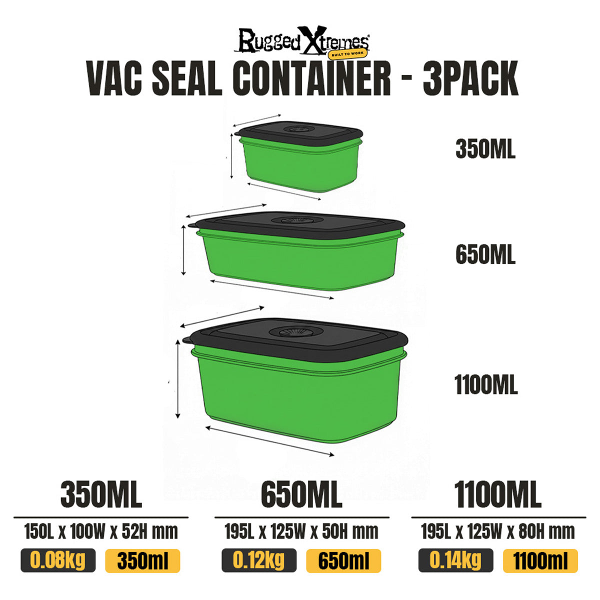 Crib Containers - Vacuum Seal - Assorted 3pck - Fluoro Green dimensions