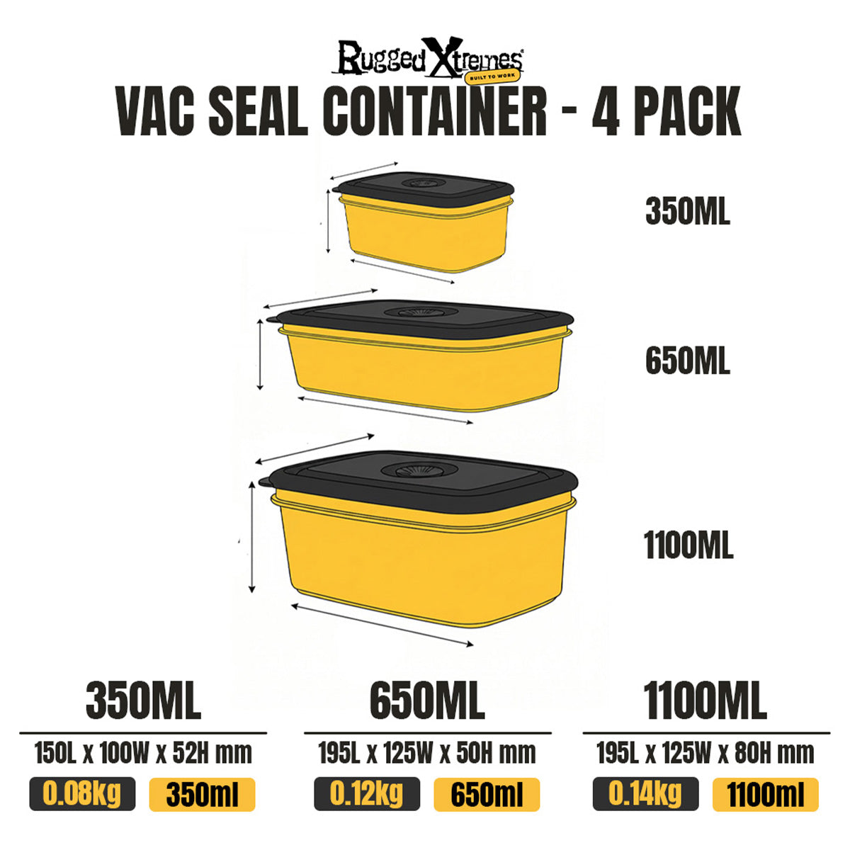 Crib Containers - Vacuum Seal - Assorted 4pck - Yellow dimensions