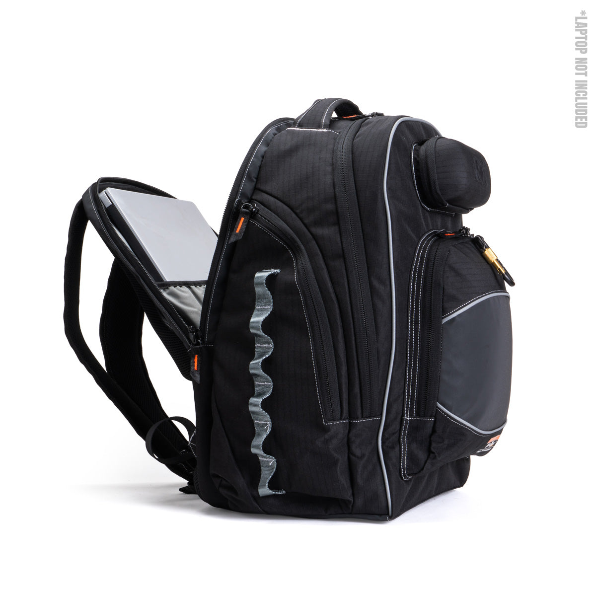 Black backpack with a tablet compartment on a white background