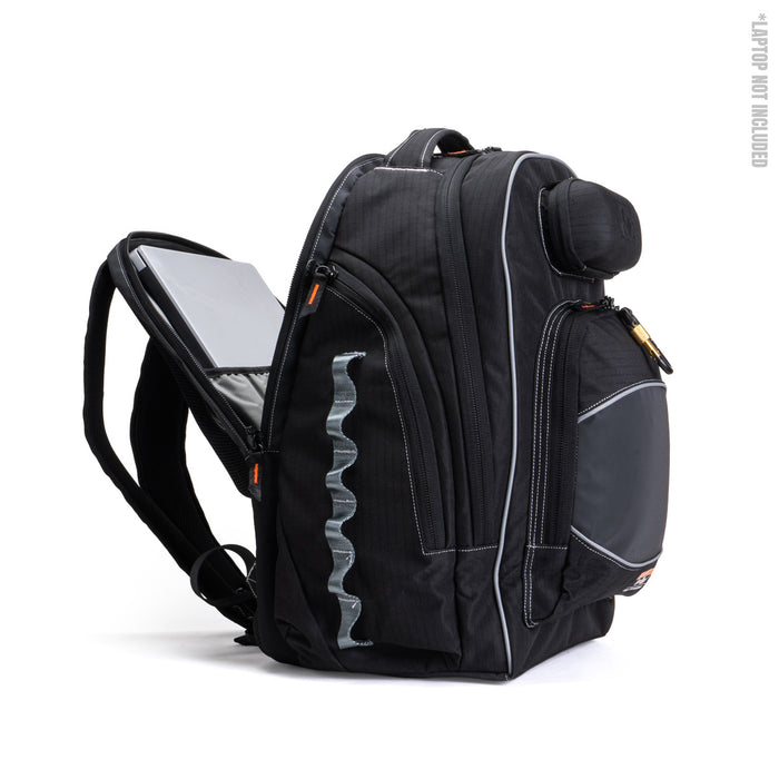 Black backpack with a tablet compartment on a white background