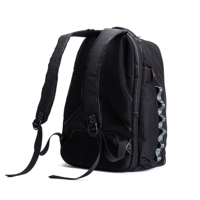 Black backpack with visible branding on a white background